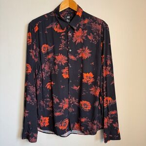 H&M Women's Floral Button Blouse Black Large Gothic Whimsygoth Dark Romance Rose